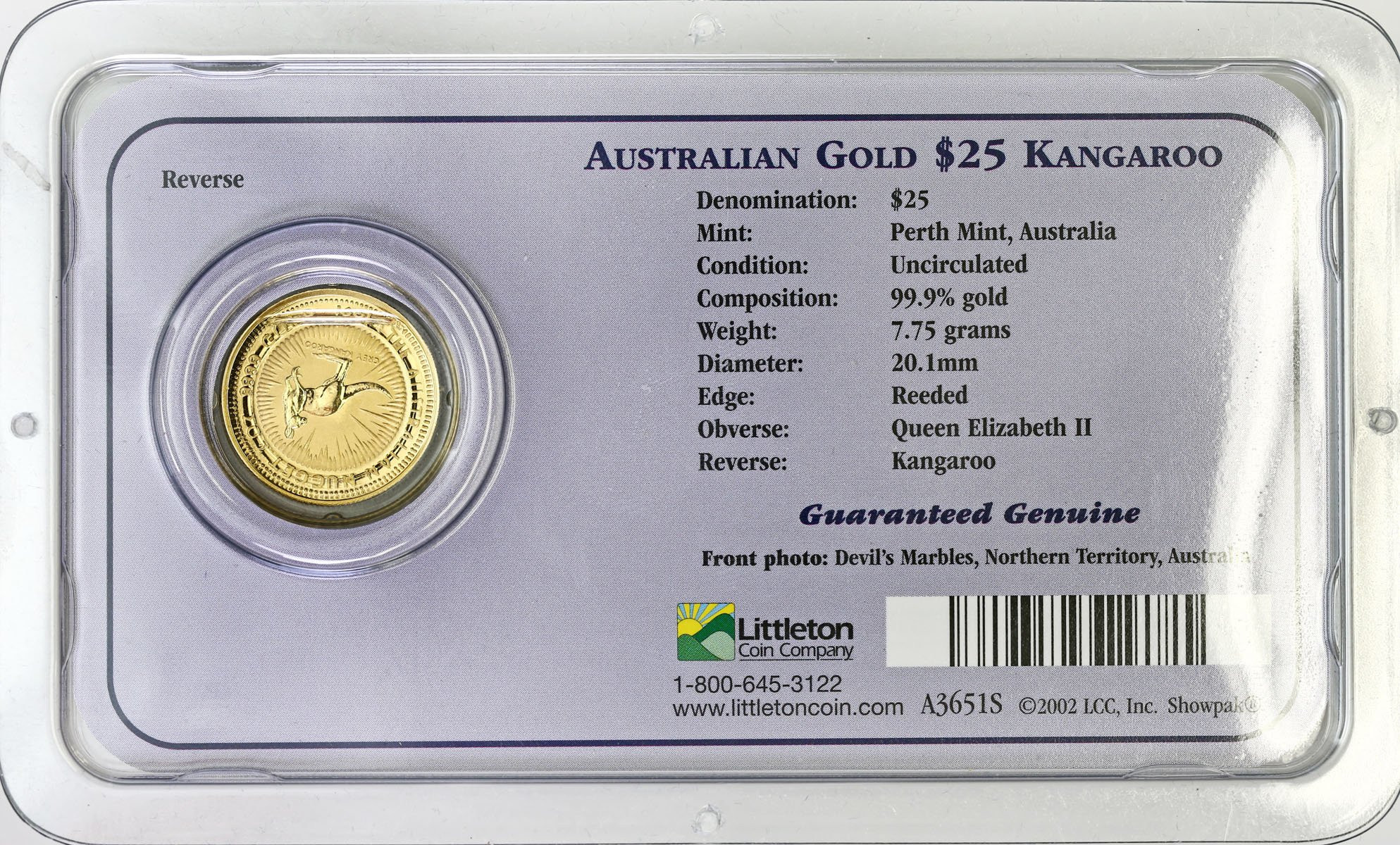 Australia 25 Dolarów 1998 Kangur (1/4 uncji złota) / oryginalny blister